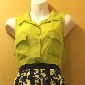 L8ter Neon Green Sheer Sleeveless Button Down